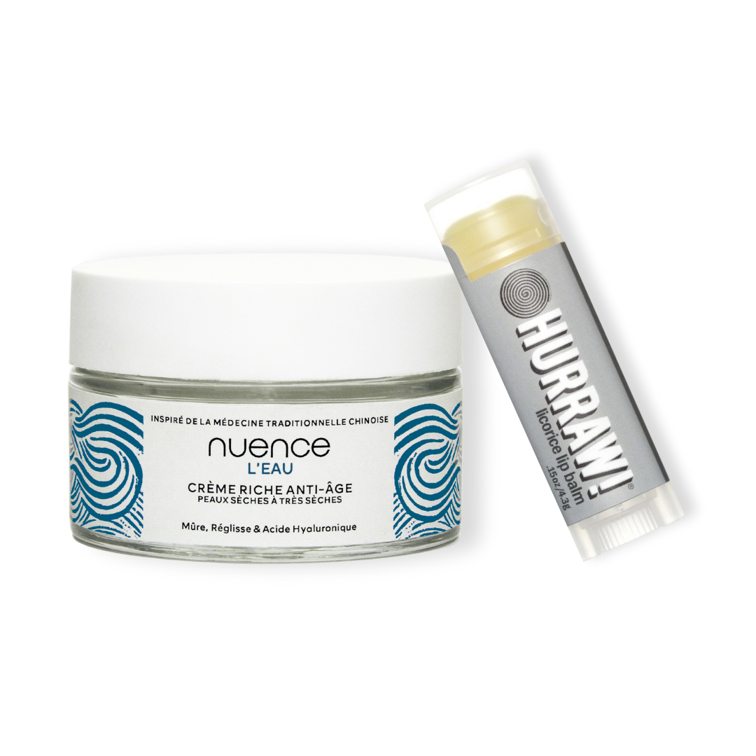 duo soins réglisse crème anti-âge eau Nuence-MTC et un baume à lèvre Hurraw! offert